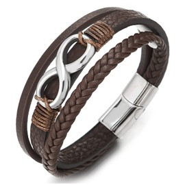 COOLSTEELANDBEYOND Men Women Steel Infinity Love Number 8 Friendship Three-Strand Brown Braided Leather Bangle Bracelet