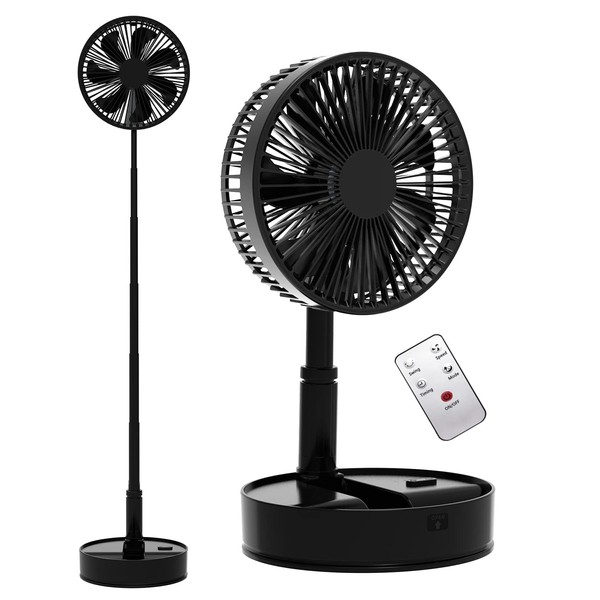 Oscillating Fan Foldaway with Remote Control, 7200mAh Rechargeable Battery Powered Pedestal Fan for Camping, 4 Speed, Timer, Height Adjustment Portable Table Fan for Travel , Outdoor, Home (Black)