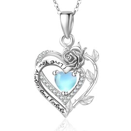 Moonstone Necklaces for Women Sterling Silver Rose Necklace I Love You Heart Pendant Womens Jewelry Gifts for Mom Mother Grandma