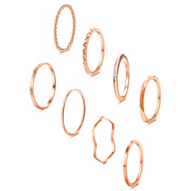 FIBO STEEL 8Pcs 1mm Cute Minimalist Band Rings for Women Simple Stacking Knuckle Ring Set Rose Gold Plated Midi Finger Rings Size 8