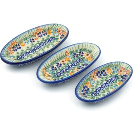 Polish Pottery Condiment set of 3 nesting dishes: 7¼-inch, 6½-inch, 5¾-inch (Blissful Daisy Theme) + Certificate of Authenticity
