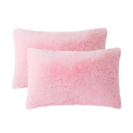 LIFEREVO 2 Pack Shaggy Plush Faux Fur Pillow Shams Fluffy Decorative Pillowcases Zipper Closure (Standard Queen Pink)