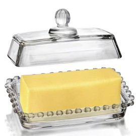 Beaded Glass Butter Dish wiht Lid, Classic Covered 2-Piece ,Clear Rectangular, Dishwasher Safe
