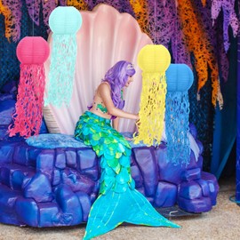 Retisee Set of 12 Jellyfish Paper Lanterns Mermaid Hanging Lantern Under The Sea Party Decorations for Birthday Ocean Theme Party Room Classroom Supplies, Multicolor