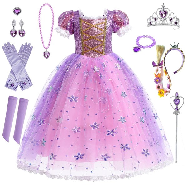 Elmia Princess Dress, Cosplay, Children's Dress, Kids Dress, Luxurious Accessory Set. 43.3 inches (110 cm), Purple Pink