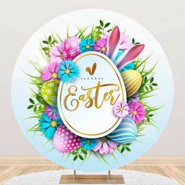 Renaiss 7x7ft Happy Easter Round Backdrop Cover Colorful Eggs Spring Easter Circle Photography Background Rabbit Ears Daisy Flowers Easter Party Church Events Decors Easter Arch Photo Booth Props