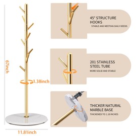 LOZABEE Coat Rack Stand with Natural Marble Base, Metal Freestanding Coat Rack, Modern Golden Coat Racks with 8 Hooks, Standing Coat Hall Tree Hanger Stand for Scarf, Bag, Jacket