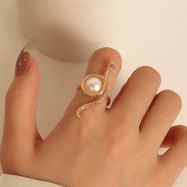 Wendalern Silver Snake Ring for Women Vintage Open Snake Wrap Pearl Ring Stacking Animal Index Ring Adjustable Engagement Wedding Band Ring Jewellery for Girls