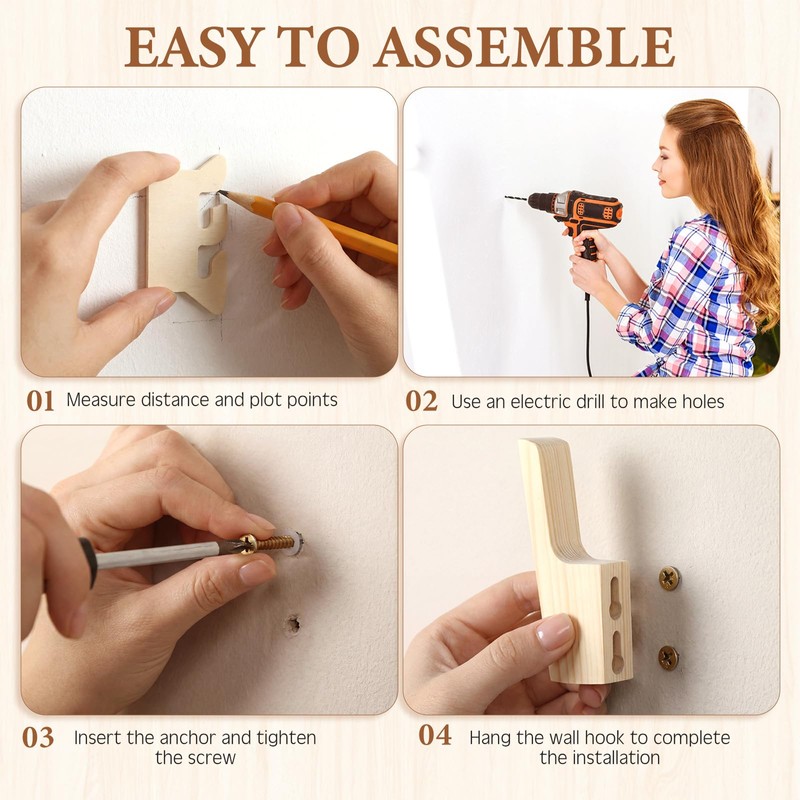Leinuosen 6 Pack Wood Wall Hooks Walnut Coat Hooks Wall