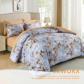 LXWORX Queen Comforter Set Khaki - 7 Pieces Bed in a Bag Botanical Leaf Design Bedding Set, Soft Lightweight Microfiber Bed Set with Comforter and Sheets for All Season (Khaki,Queen)