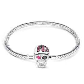 GNOCE "Elegant Skull Skull Bracelet With Eye-Catching Black And Fuchsia Crystals Handcrafted Sterling Silver With An Elegant Bangle Fit All Major Brands Of Charms Bracelets (19.0 Centimeters（7.5in）)