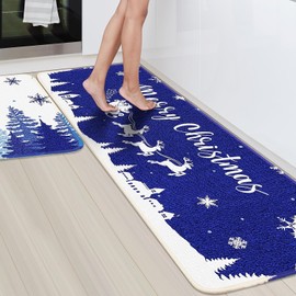 Merry Christmas Kitchen Rugs Set of 2, Blue Snowflake Kitchen Mat Reindeer Let It Snow Decorations Xmas Winter Holiday Floor Mat, Christmas Decor for Indoor Outdoor Home Kitchen–17x28 and 17x47 Inch
