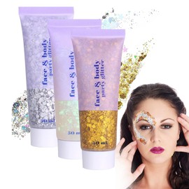 Pack of 3 Body Glitter Gel, Glitter Face Gel, Body Glitter, Festival Glitter Face Mermaid Sequins Liquid Gel, for Face Nails Eyes Lips Hair Body (Silver + Gold + White)