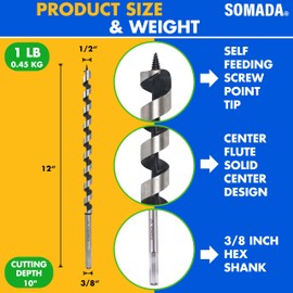 1/2-Inch x 12-Inch Auger Drill Bit for Wood, Hex Shank 3/8-Inch One Piece, Ship Auger Long Drill Bit for Soft and Hard Wood, Plastic, Drywall and Composite Materials