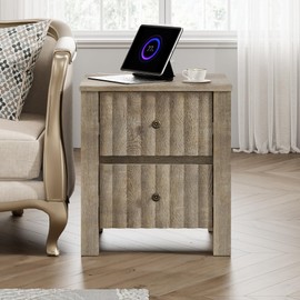 WAMPAT Modern End Table with Charging Station, Vintage Grey Wood Sofa Table with Outlet&USB Ports, Farmhouse Nightstand Bedside Table with 2 Storage Drawers for Living Room, Bedroomoom