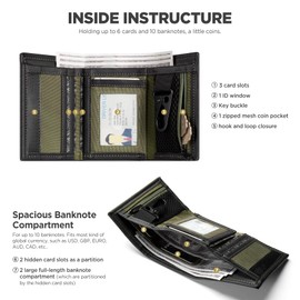 VULKIT Mens RFID Blocking Trifold Wallet Water-Resistant Leather Credit Card Holder with Zip Coin Pocket & Key Buckle for Daily Travel Outdoor