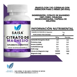Citratos Magnesio, Potasio, Zinc 120 Cápsulas C/u Saisa Herb Sabor Sin sabor