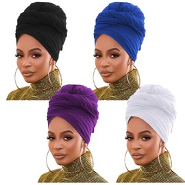 Pack of 4 Stretch Jersey Turban Head Wrap Knitted Headwraps Urban Hair Scarf Plain Ultra Soft Extra Long Breathable Headband Tie for Women, Black/White/Blue/Purple