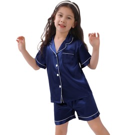SWOMOG Silk Pyjamas for Girls Boys Baby Button-Down Pjs Sets Two-Piece Lounge Sets Classic Kids Silk Sleepwear Navy