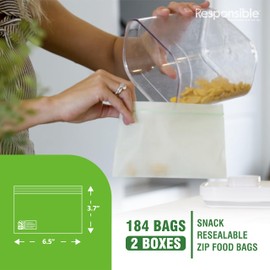 Responsible Products Responsible Products Certified Compostable SNACK Resealable Zip Bag, Extra Strength Food Bags, Plant-Based Freezer-Safe (184 Pack)