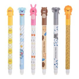 Set of 6 Erasable Gel Pens with Thermosensitive Erase Ink, Cartoon Erasable Rollerball Pen, black colours ink & barrel designs, 0.5mm Tip, Bear, dog, duck, rabbit, cara, lion