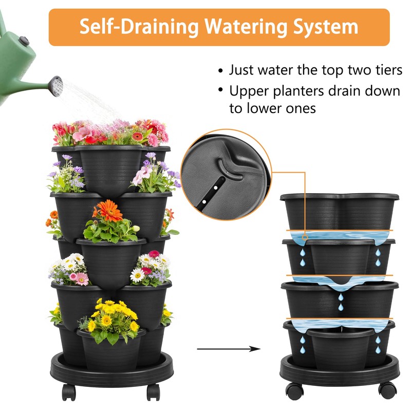 VECELO 5 Tier Vertical Garden Planter, Self Watering Stackable Planters