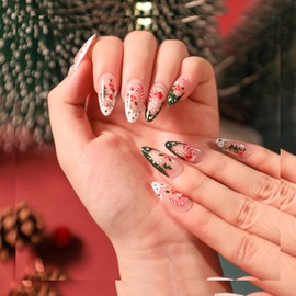 Christmas Press on Nails Medium Almond Fake Nails With Candy Snowflake Xmas Tree Design Green White French Tip False Nails Acrylic Glue on Nails Winter Artificial Nails for Women Stick on Nails 24 Pcs