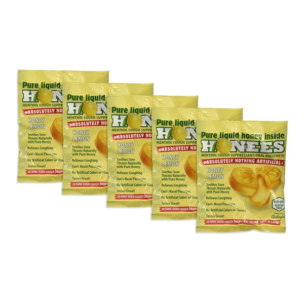 Honees Honey Lemon Cough Drops, 20 Drops Each (Pack of 5)
