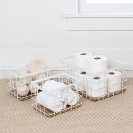 happimess BSK3004B-3SET Evvie Vintage Farmhouse Wire Metal Nesting Storage Baskets with Wood Base for Shelves, Cabinets, Pantry, Countertop, Mesh Open Bin Basket, White/Natural (Set of 3)