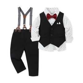 SOLOYEE Toddler Baby Boy Suit 18-24 Months Boys Clothes Gentleman Wedding Outfits, Formal Dress Long Sleeves Shirt+Bowtie+Vest+Suspender Pants Boys Gentleman Wedding Outfits Black