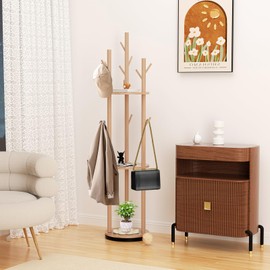 3 Tier Rotary Coat Rack Freestanding Coat Hall Tree Stand Wood Coat Tree With 3 Shelves and 9 Hooks Garment Clothes Holder for Bedroom Entryway Livingroom for Clothes Bags Hats (Natural Wood)