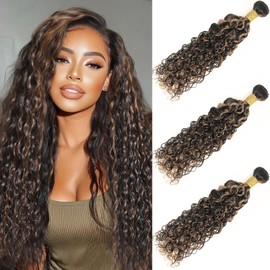 Water Wave Human Hair Bundles P1B/30 Black and Brown Bundles Double Weft Brazilian Human Hair Weave 14/16/18 Inch Silky and Soft Hair Deal for Black Women