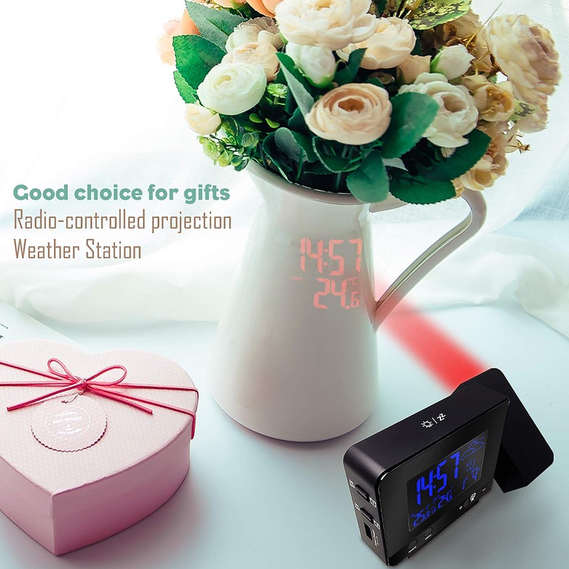 ALLOMN Digital Projection Alarm Clock, Indoor Outdoor Temperature, Weather Forecast,