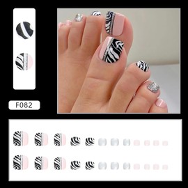 Press on Toenails Coffin with Zebra Stripes Designs, Full Cover Reusable False Toenails with Glue, Artificial Acrylic Fake Nails for Toe, Glue on Toenails with Charm, Stick on Toe Nails for Women