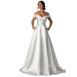 Aimevernal Off-Shoulder Satin Wedding Gown, Floor Length, White (US, Alpha, Small, Regular, Tall, White913)