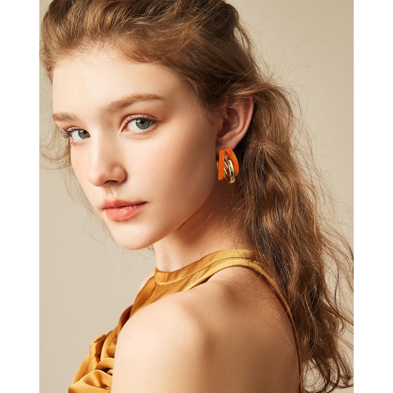 Gold Triple Hoop Orange Earrings, Thick Three Open Jewelry for