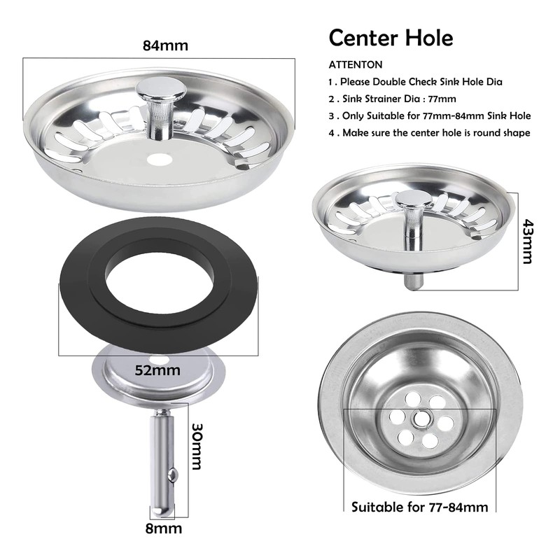 1 PC 84mm Kitchen Sink Plugs, Stainless Steel Kitchen Sink