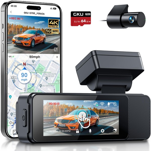 GKU Dash Cam Front and Rear, 3.18'' Touchscreen, 4K+1080P Dashcam,