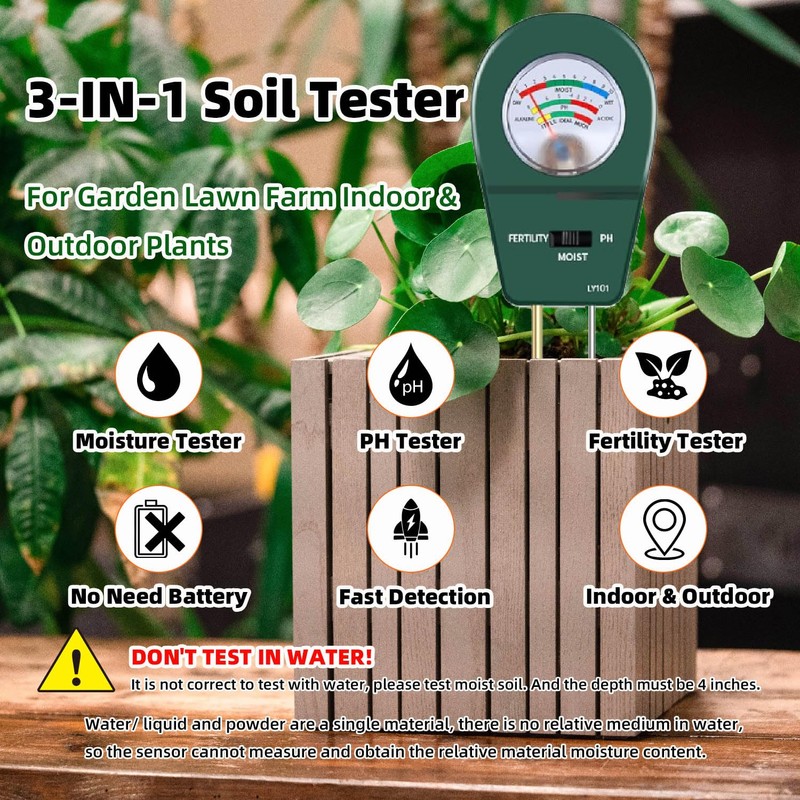 3-in-1 Soil Moisture Meter pH & Fertility Tester, No Battery