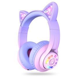 iClever Bluetooth Kids Headphones, BTH13 Cat Ear LED Light Up Kids Wireless Headphones, 50H Playtime, 74/85/94dB Volume Limiting Children Headphones with Microphone Over Ear for School/Tablet/PC