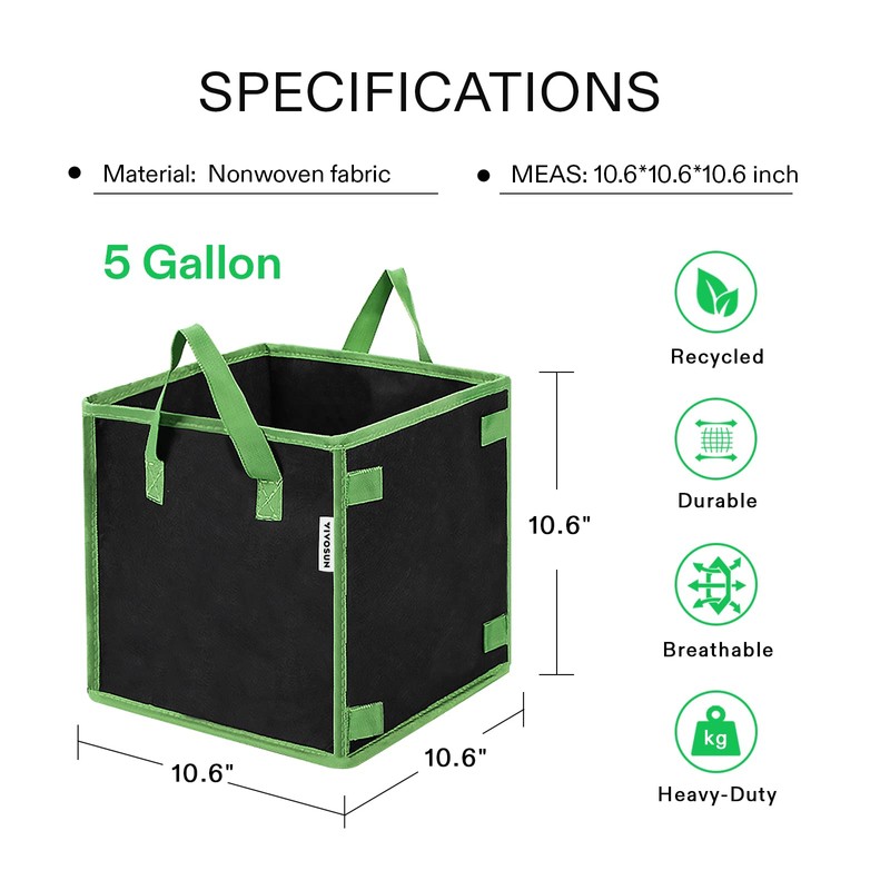 VIVOSUN 5 Pack 5 Gallon Square Grow Bags, Thick Nonwoven