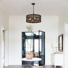 Tunkayli Farmhouse Large Chandelier, 6-Light Large Hand Woven Chandelier 20in Round Boho Pendant Lighting Large Black Rattan Chandelier Light Fixture for Kitchen Island Bedroom,Living Room