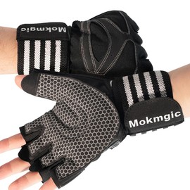 Mokmgic フィットネスグローブ リストサポート機能付き - 滑り止めシリコングリップ & 衝撃吸収パームクッション トレーニング/クロスフィット/ロッククライミング/自転車用 男女兼用 (ブラック) (L)
