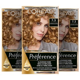L'Oréal Paris Permanent Hair Colour, Hair Dye Set with Colouration and Shine Protect Conditioner, Préférence, 7.3 Caramel Blonde (Florida), 3-Pack