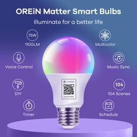 OREiN Matter Smart Light Bulb, 1100 Lumens 75W Equivalent Smart Light Bulbs, Color Changing Light Bulbs Work with Apple Home, Alexa, Google Home, SmartThings, A19 Smart Bulbs 2.4Ghz WiFi, 4Pack