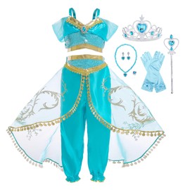 AmzBarley Jasmine Costume for Girls Princess Dress Up Kids Fancy Party Role Play Outfit with Blue Accessories 6-7 Years