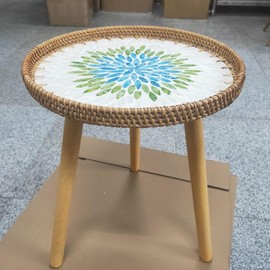 LANYANZI Rattan Round Side Table, Handmade Rattan Tray with 3 Legs, Mother of Pearls Inlay Coffee/Accent Table, Round End/Side Tables for Living Room, Bedrooms, Pedestal Plant Stand for Balcony