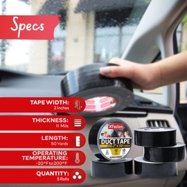 XFasten Black Duct Tape Heavy Duty Waterprooof Super Strong 2” x 50 Yards (5-Pack, 750ft Total) 11mils Extra Thick and Waterproof Heavy Duty Duct Tape Black Color for HVAC and Outdoor Use