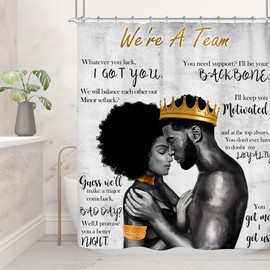 Riyidecor African American Shower Curtain Black King and Queen Afro Romantic Couple Man Woman 60Wx72H Inch Vintage Inspirational Quote Fabric Polyester Waterproof 12 Pack Hooks (BBL-HYYMMY-68932)