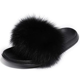 Valpeak Fur Slippers Slides For Women Open Toe Fuzzy Fur Slippers Girls Fluffy House Slides Outdoor (Black,6)